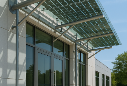 Solar canopy with green-tinted semi-transparent panels above a modern building entrance
