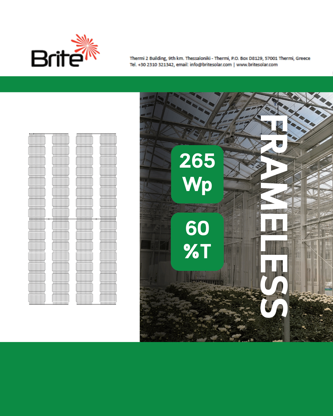 265 kWp frameless photovoltaic panel with 60% transparency for greenhouse and architectural applications.