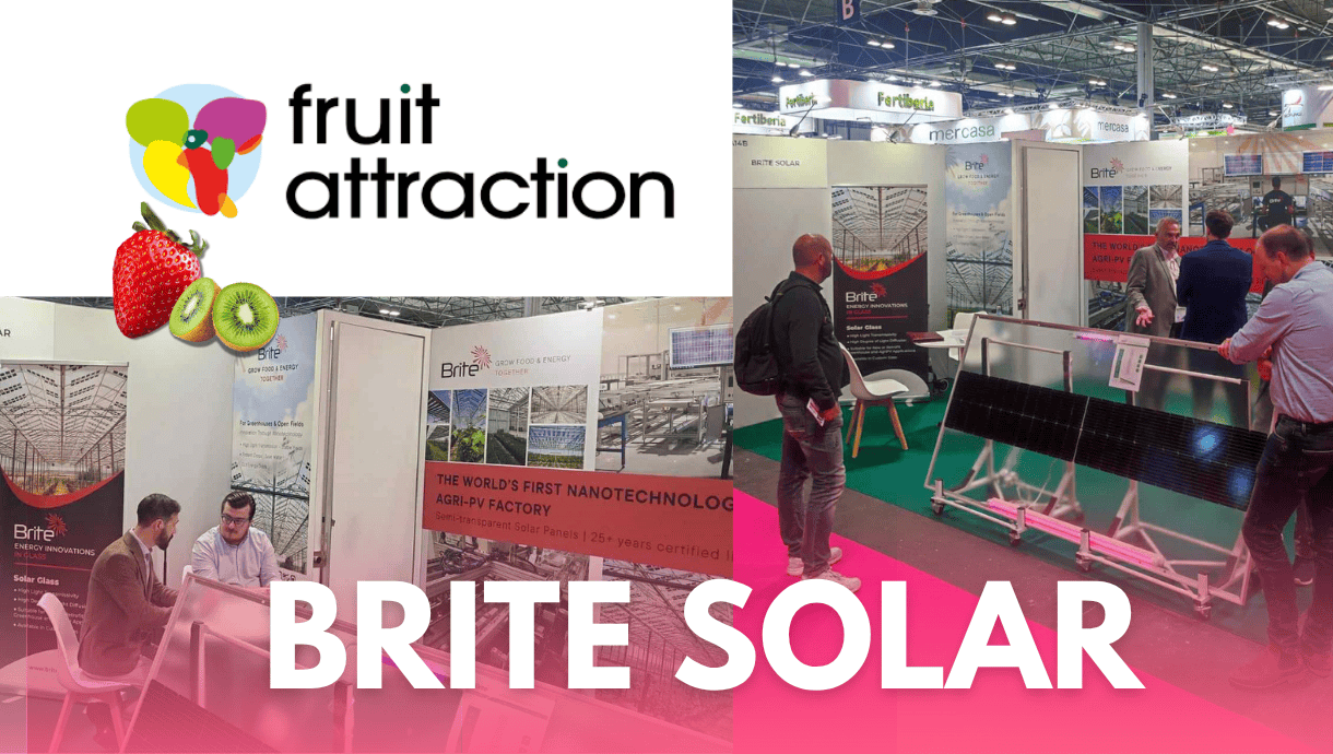 Brite Solar presenting its Agri-PV technology at Fruit Attraction 2025 in Madrid, highlighting solar innovation for agriculture.