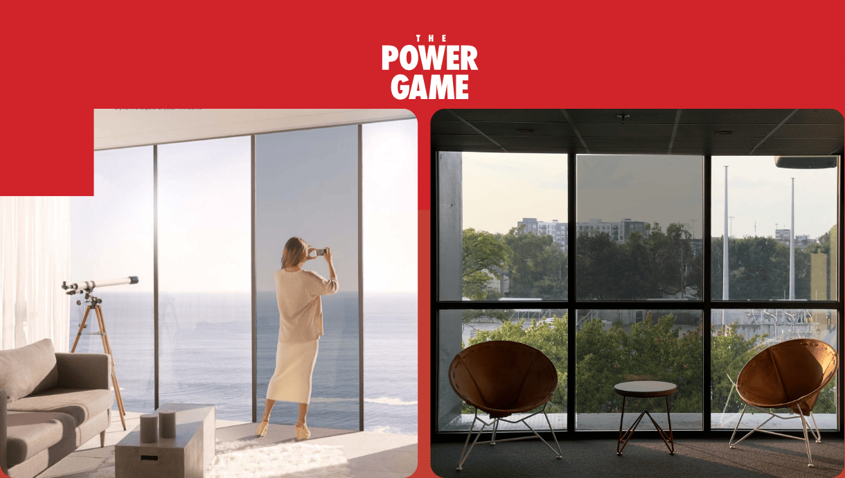 Dynamic glass by Brite Solar adjusting transparency in modern buildings as featured on PowerGame