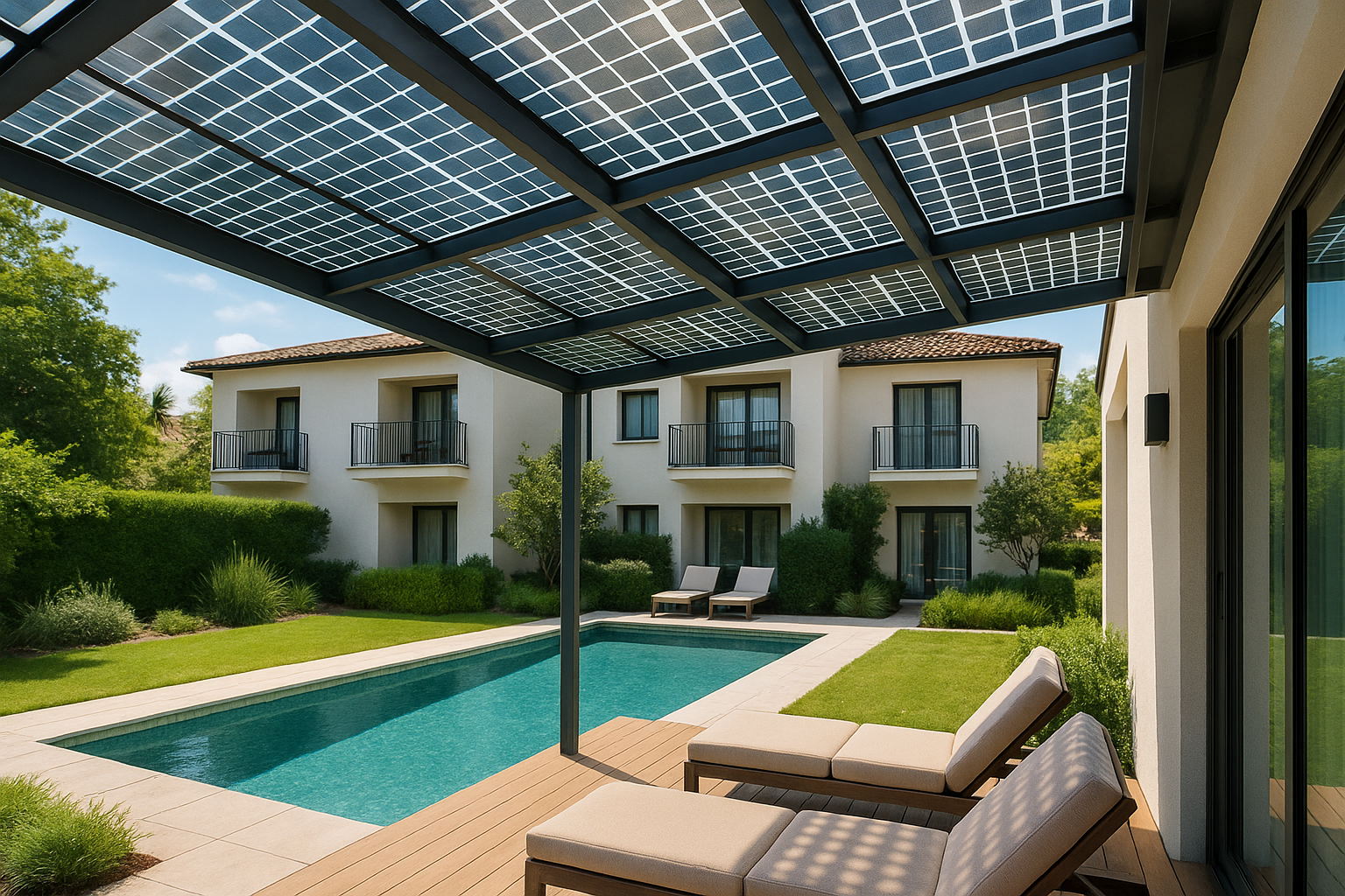 Poolside elegance powered by the sun – Brite Solar transforms hotel outdoor spaces with semi-transparent photovoltaic technology.