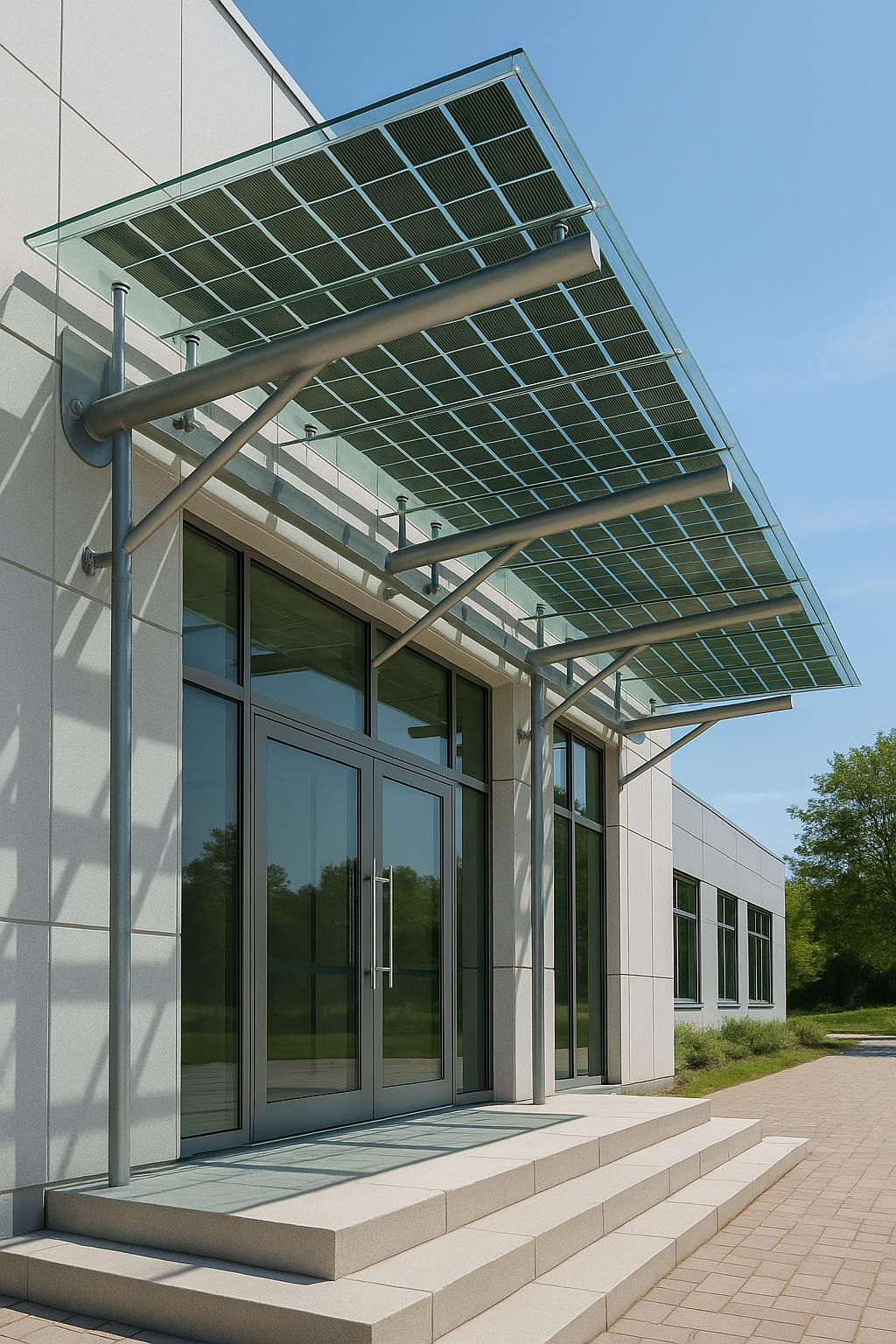Solar canopy with green-tinted semi-transparent panels above a modern building entrance