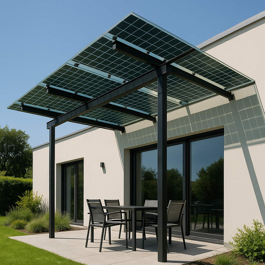 Detached modern house with solar pergola made of green-tinted semi-transparent photovoltaic panels